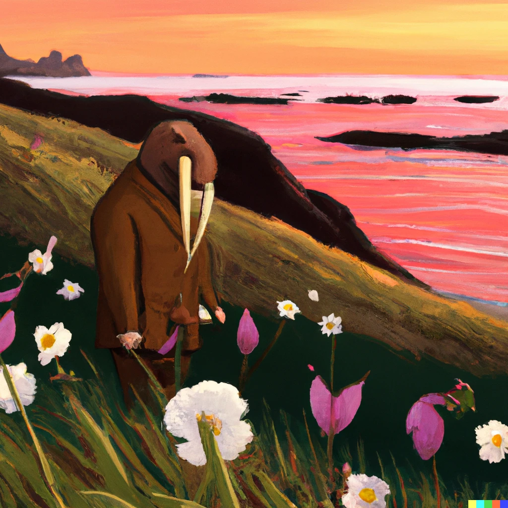 Prompt: wildflowers overlooking a sunset beach. a walrus in a business suit is walking down a dirt path. artstation, award photography