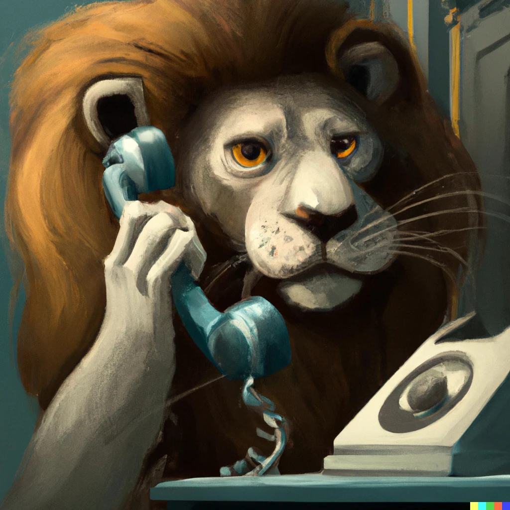 Prompt: The lion is making a call on the rotary phone, digital art