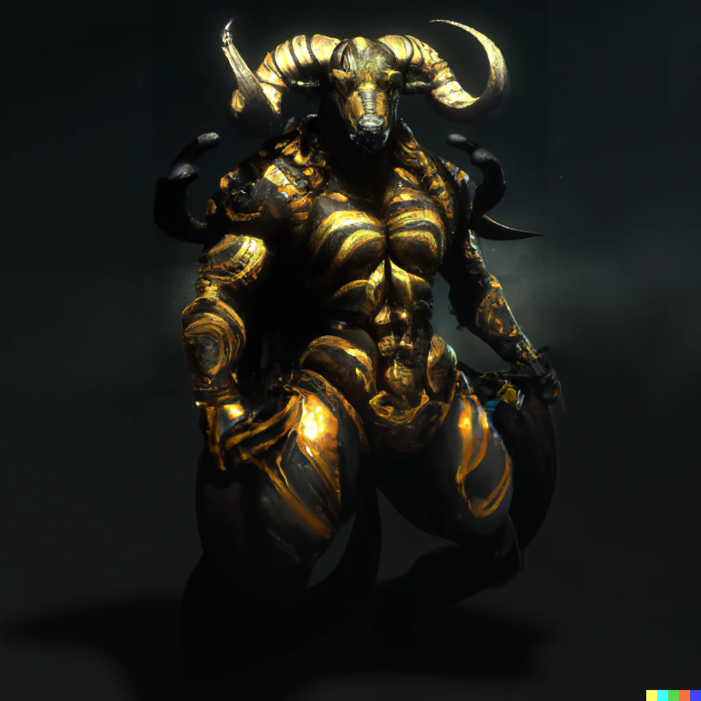 Prompt: A mystical minotaur wearing gold and black armor with glowing runes inscribed onto its horns, digital art