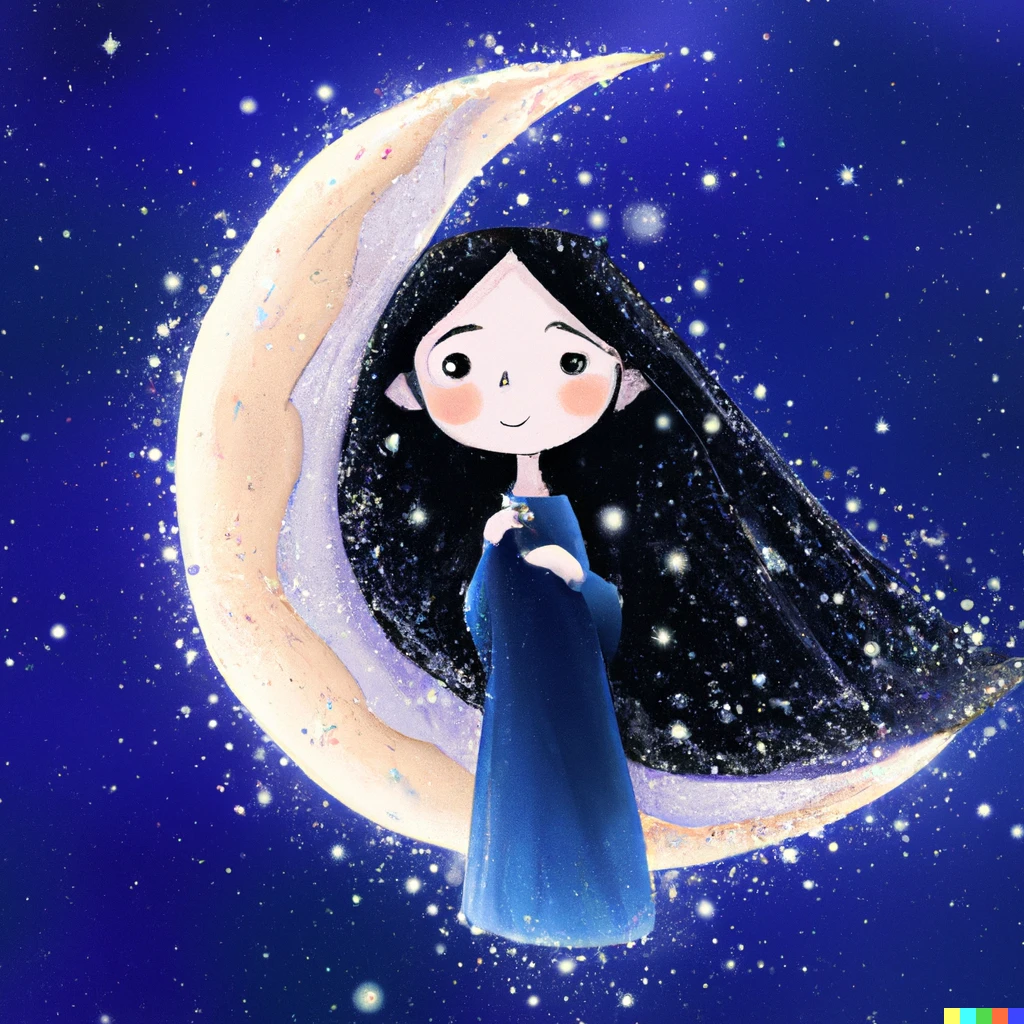 Prompt: The daughter of the moon goddess, digital art, starry night sky and crescent moon background