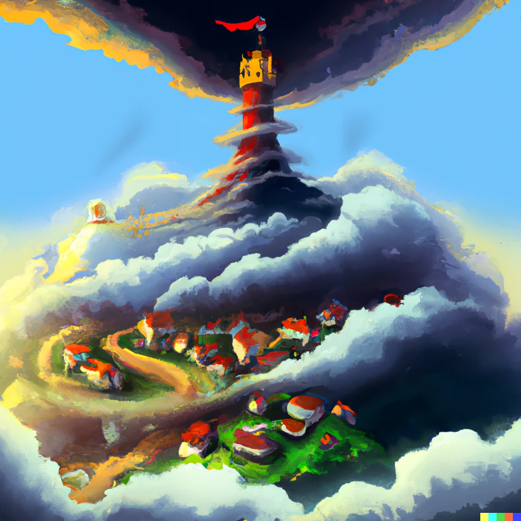 Prompt: An enormous wizard's tower rising into the clouds and looming over the villages scattered across the lands below, digital art, artstation