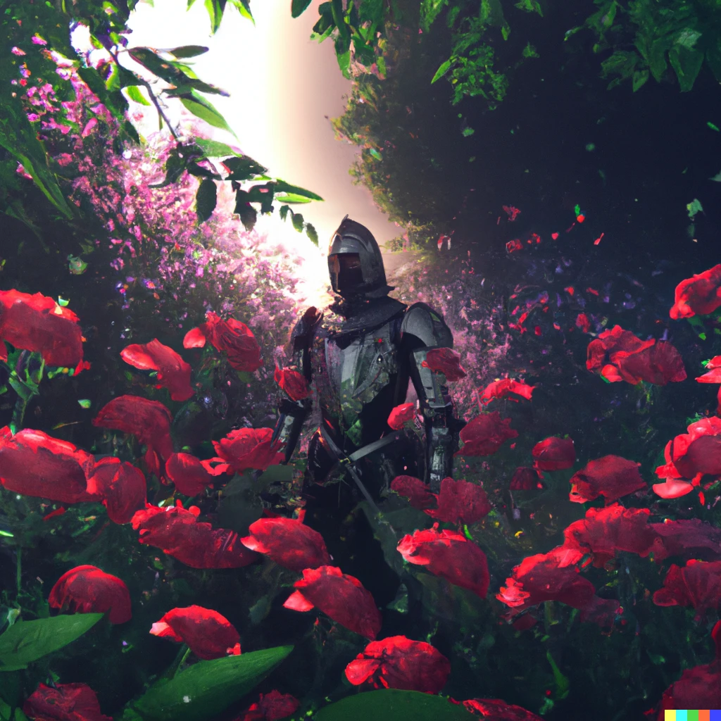 Prompt: A heavily armored knight covered in sleek heavy armor posing dramatically in a blooming rose garden, digital art