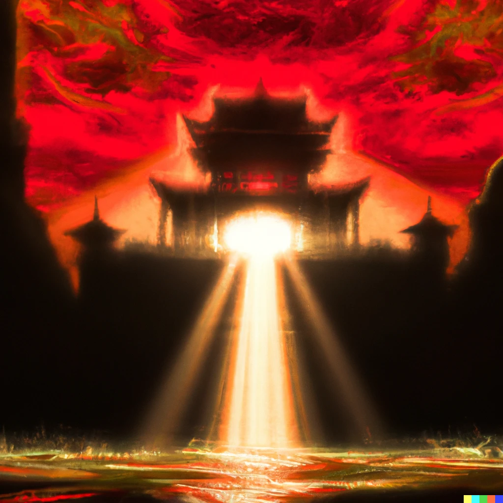 Prompt: A red and gold heavenly imperial palace rising from the depths of the ocean at dawn, digital art, dramatic lighting