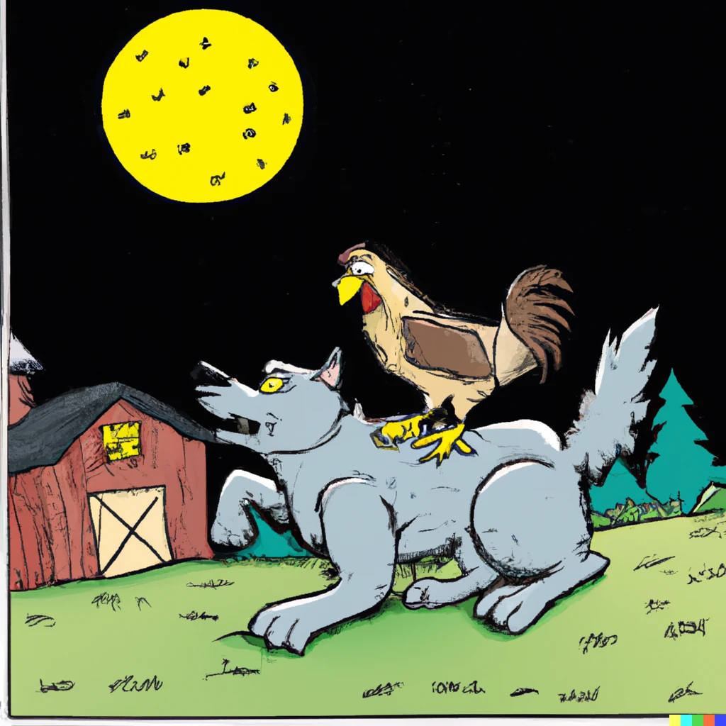 Prompt: an comic illustration of a wolf carrying a hen overhead, at night with a farm in the background