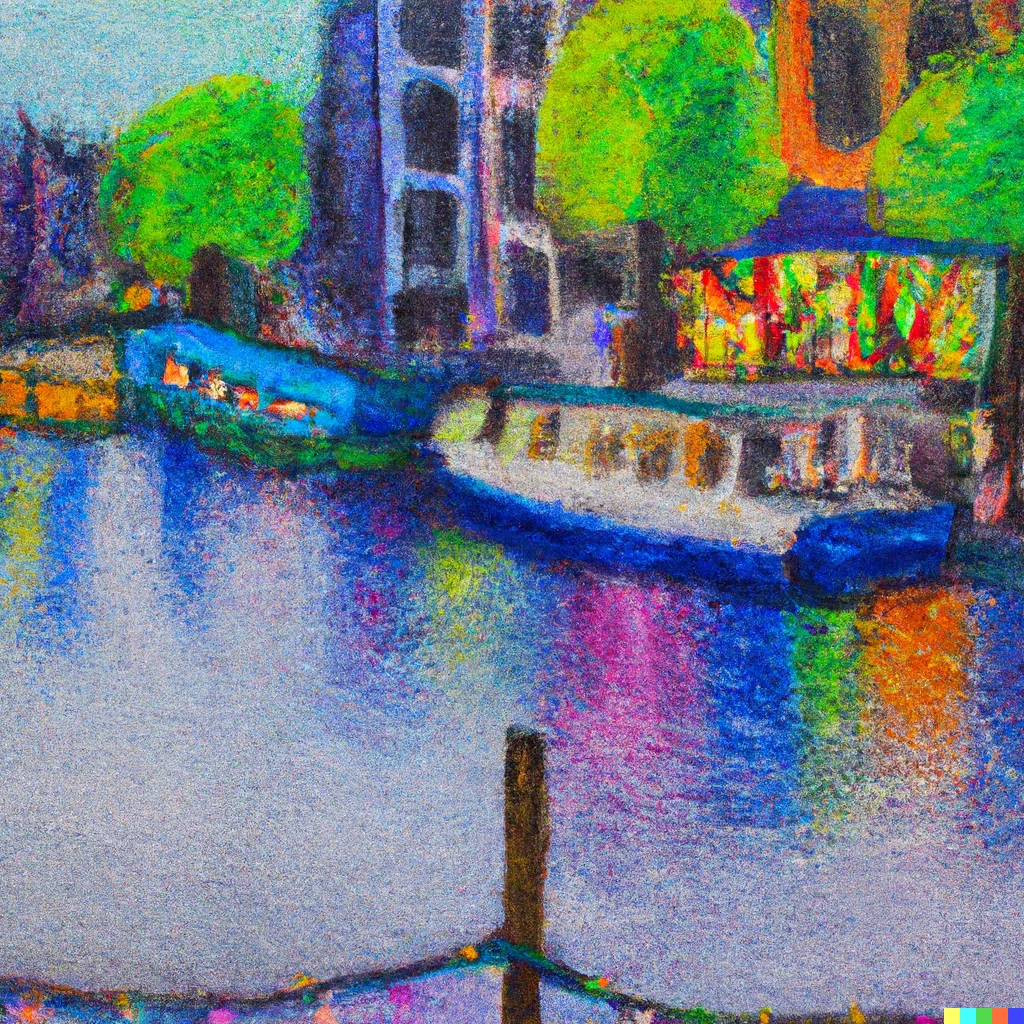 Prompt: An oil pastel of a canal in Amsterdam with houseboats and string lights