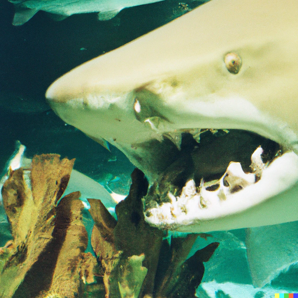 Prompt: 35mm photo of  shark who eats vegetables