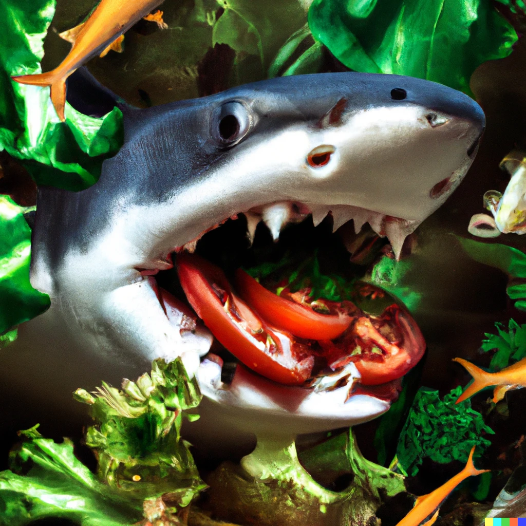 Prompt: 35mm photo of  shark who eats vegetables digital artstation