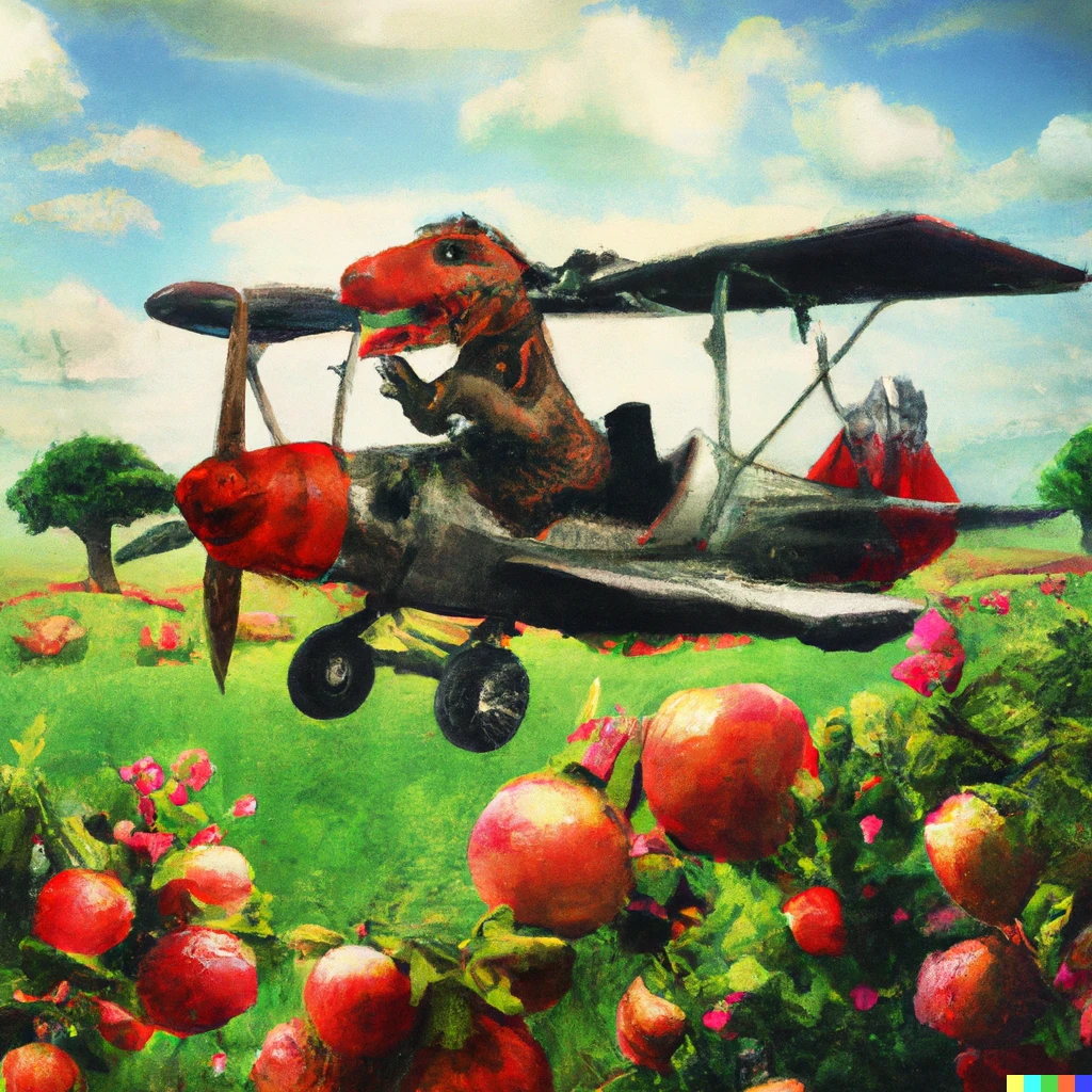 Prompt: Tyrannosaurus Rex piloting a biplane flying through a field of apple trees digital art