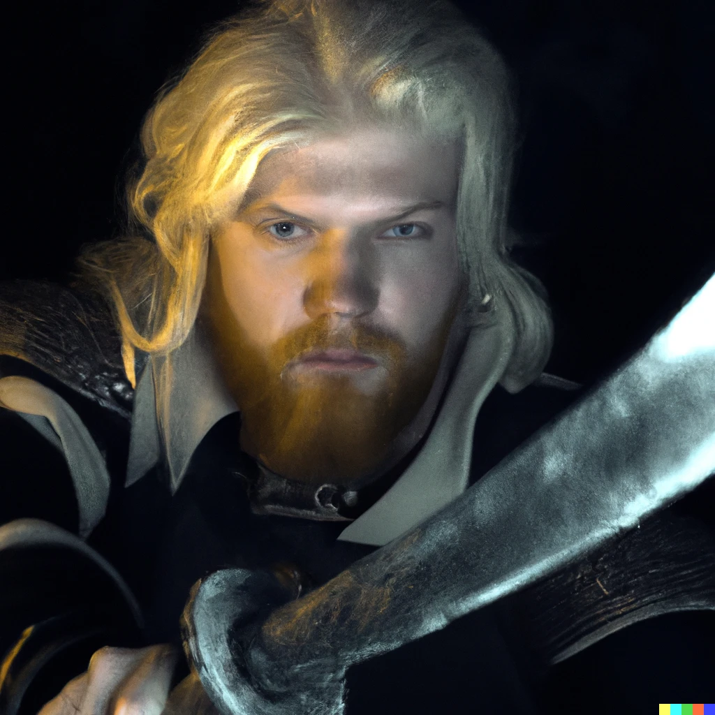 Prompt: portrait of blond haired dwarf eldritch knight wielding a black bladed long sword. Award winning epic fantasy art 4k HD 