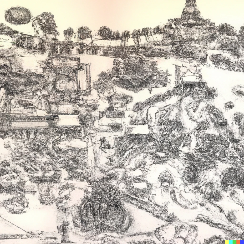 Prompt: Ah highly detailed pencil drawing of concept art of a theme park from an aerial view with a medieval castle in the center, a jungle themed area with rivers and canopy boats in the bottom left section, an American western desert area in the upper left section, multiple dark rides and flat carnival style rides in the upper middle and upper right section, a futuristic landscape in the bottom right