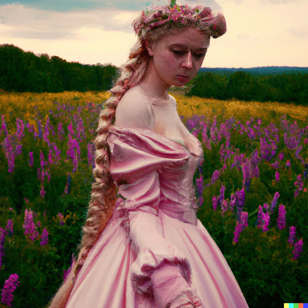 Prompt: Portrait of a princess with long braided blond hair in a pink dress celebrating her 18th birthday in a field of fully blooming flowers Epic fantasy art 4k HD