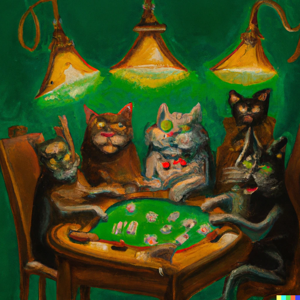 Prompt: An oil painting of  six anthropomorphic felines playing a game of poker sitting in wooden chairs around a green felt topped table lit with an overhead Tiffany style lamp with the gray feline passing an ace card to a brown feline