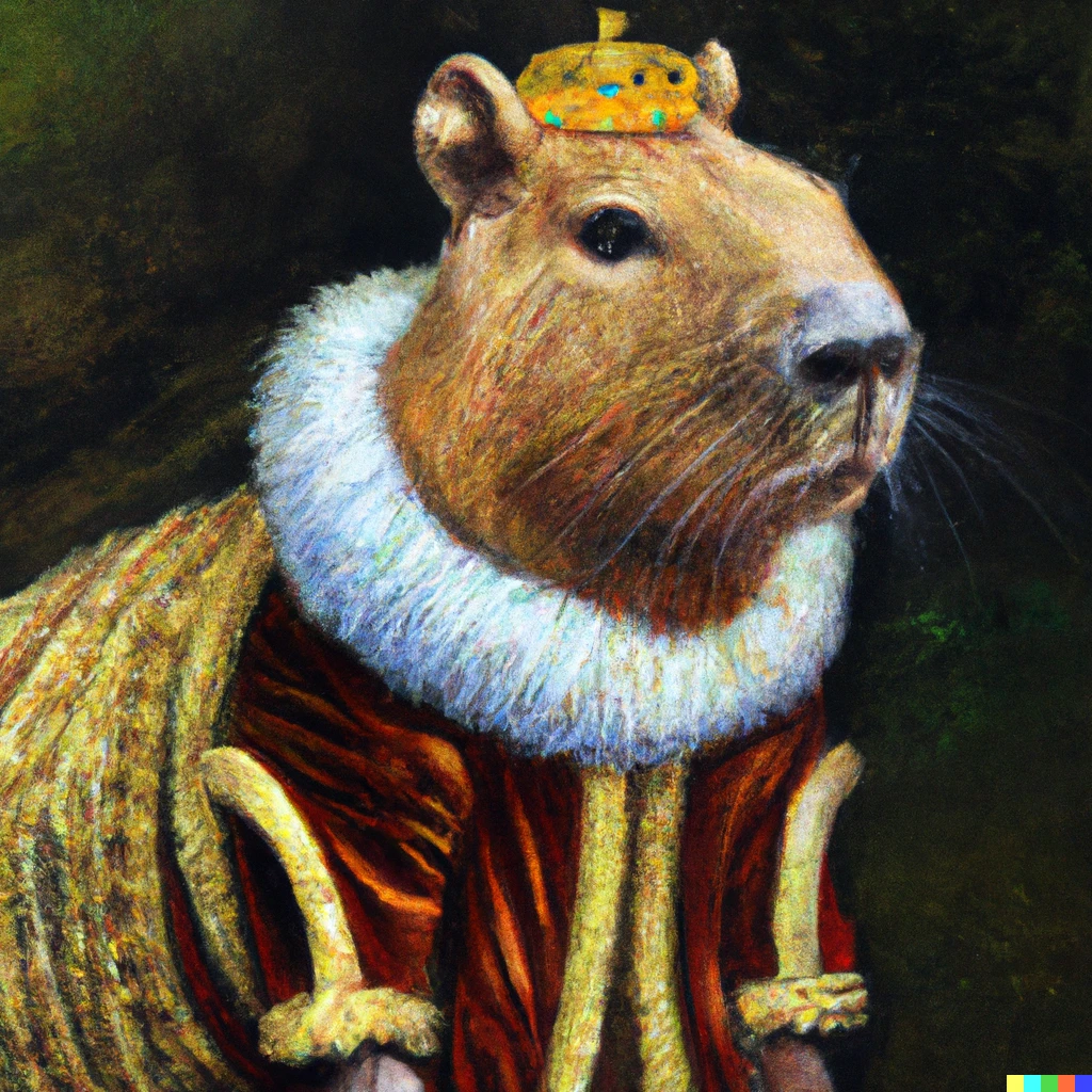 Prompt: an oil painting portrait of a capybara wearing medieval royal robes and an ornate crown on a dark background