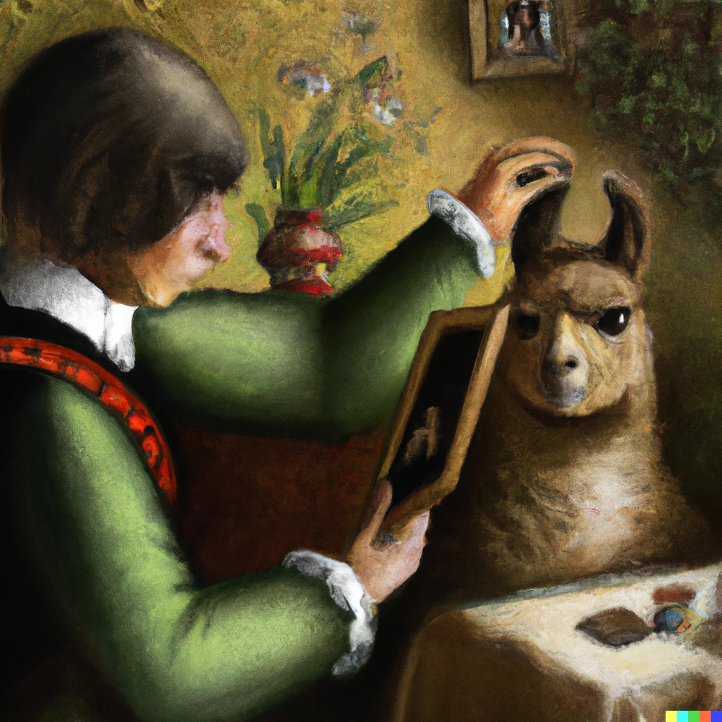 Prompt: An oil painting of a llama artist painting a portrait of a teddy bear during the Renaissance era.