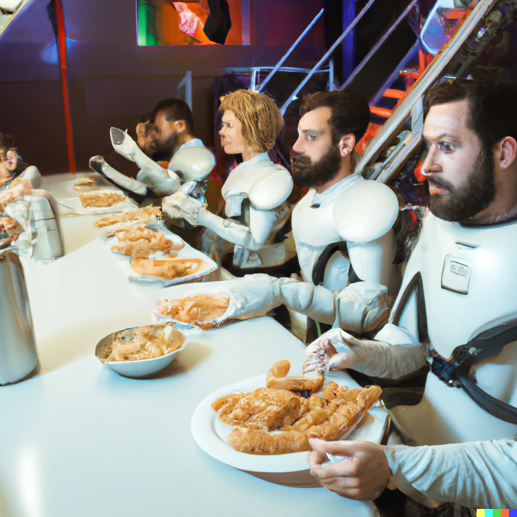 Prompt: A group of astronauts eating a mouth-watering plate of calamari while sitting at a long table in the space station