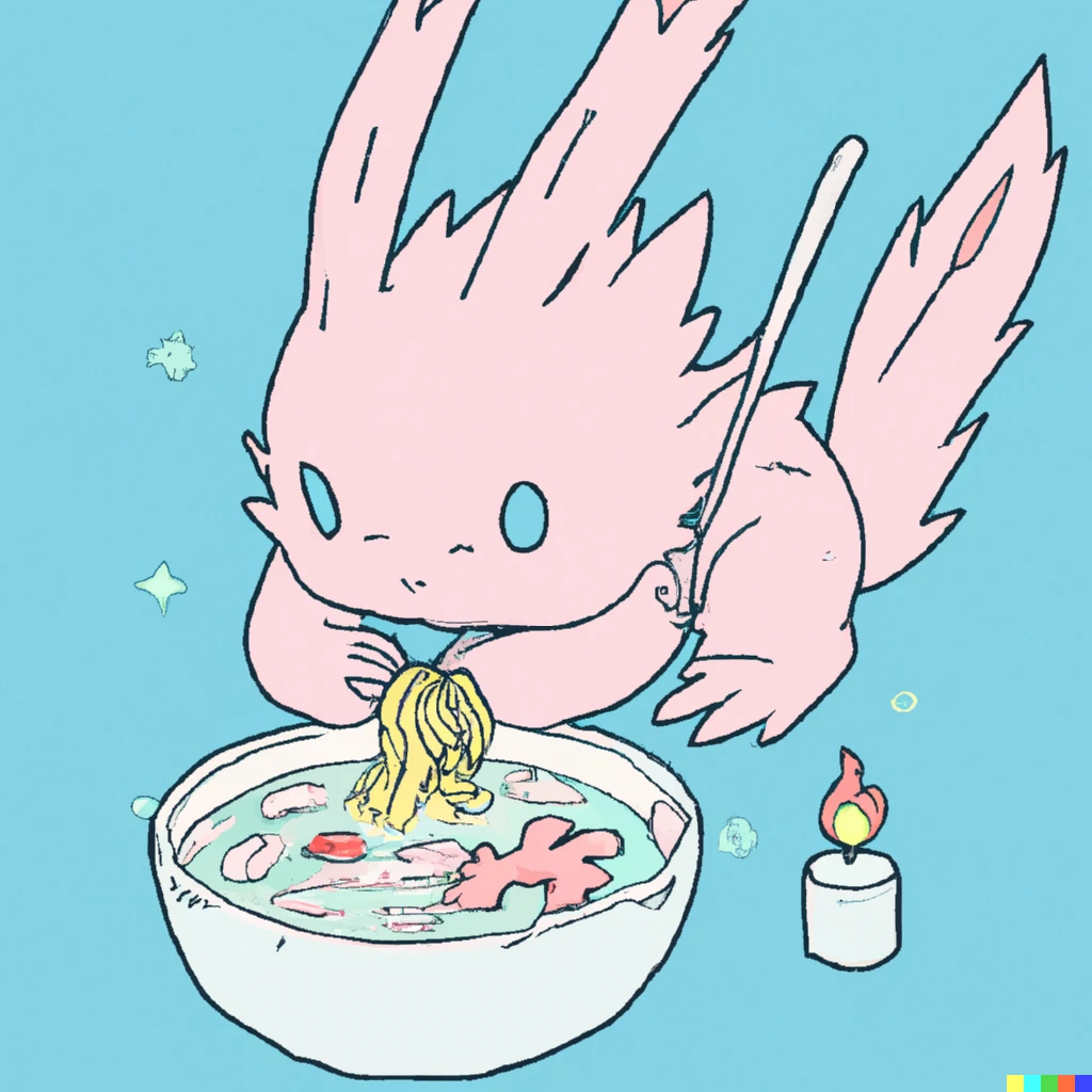 Prompt: An axolotl Pokemon eating ramen. 