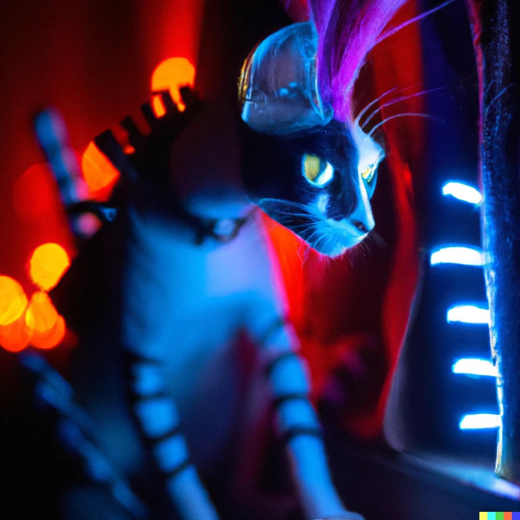 Prompt: Cyberpunk cat as Sally from nightmare before Christmas. 