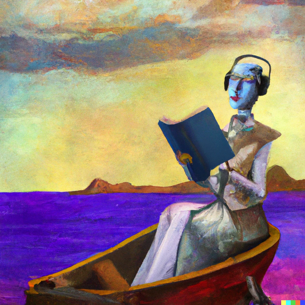 Prompt: Dali painting style of a lady teacher robot reading in a boat
