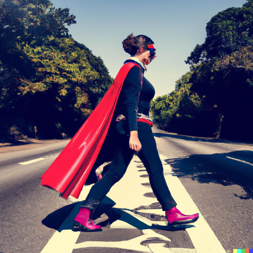 Prompt: lady teacher superhero walking in a road