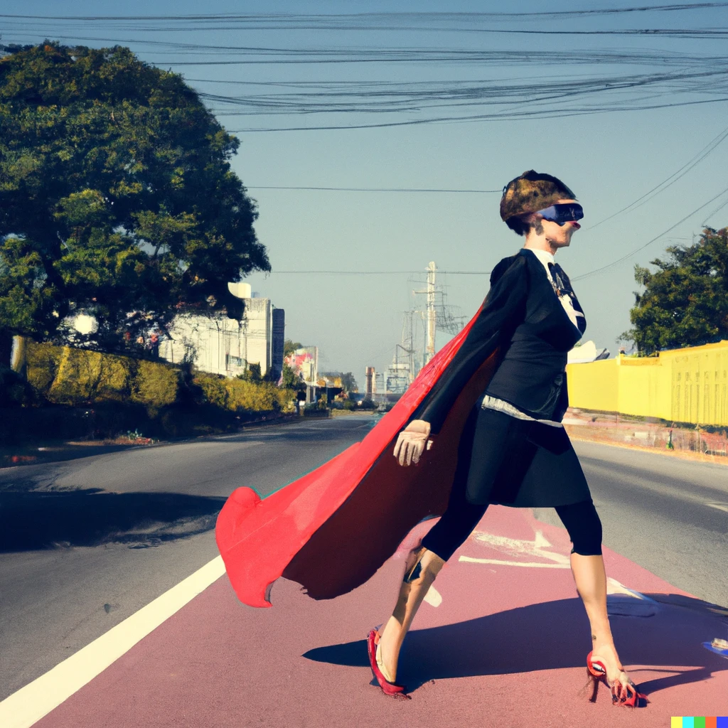 Prompt: lady teacher superhero walking in a road