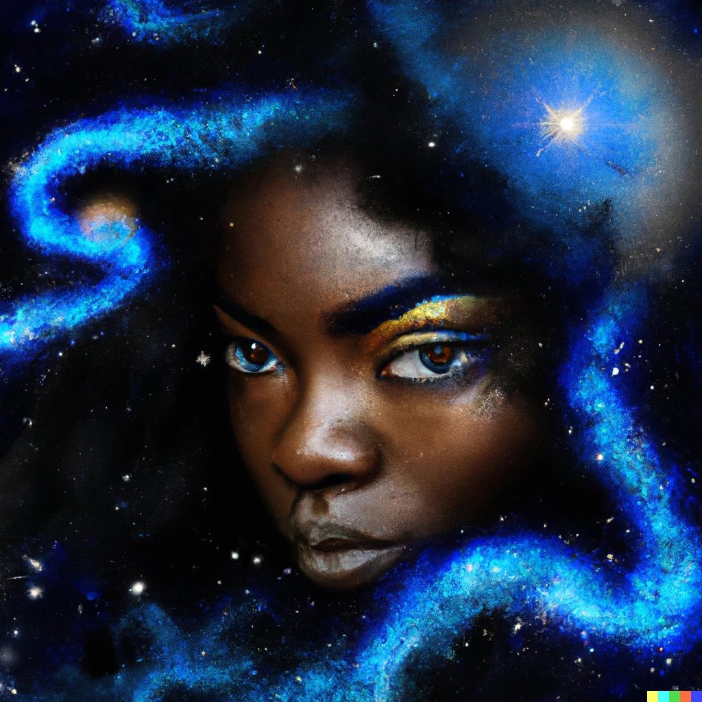Prompt: A dark skinned woman with sapphire wavy hair and eyes like galaxies digital art inspired by Michelangelo 