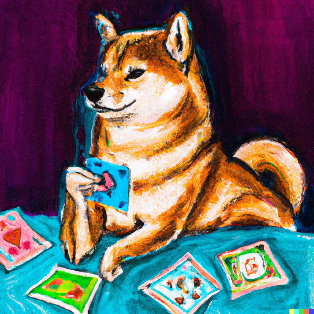 Prompt: an oil pastel drawing of a shiba inu playing magic the gathering