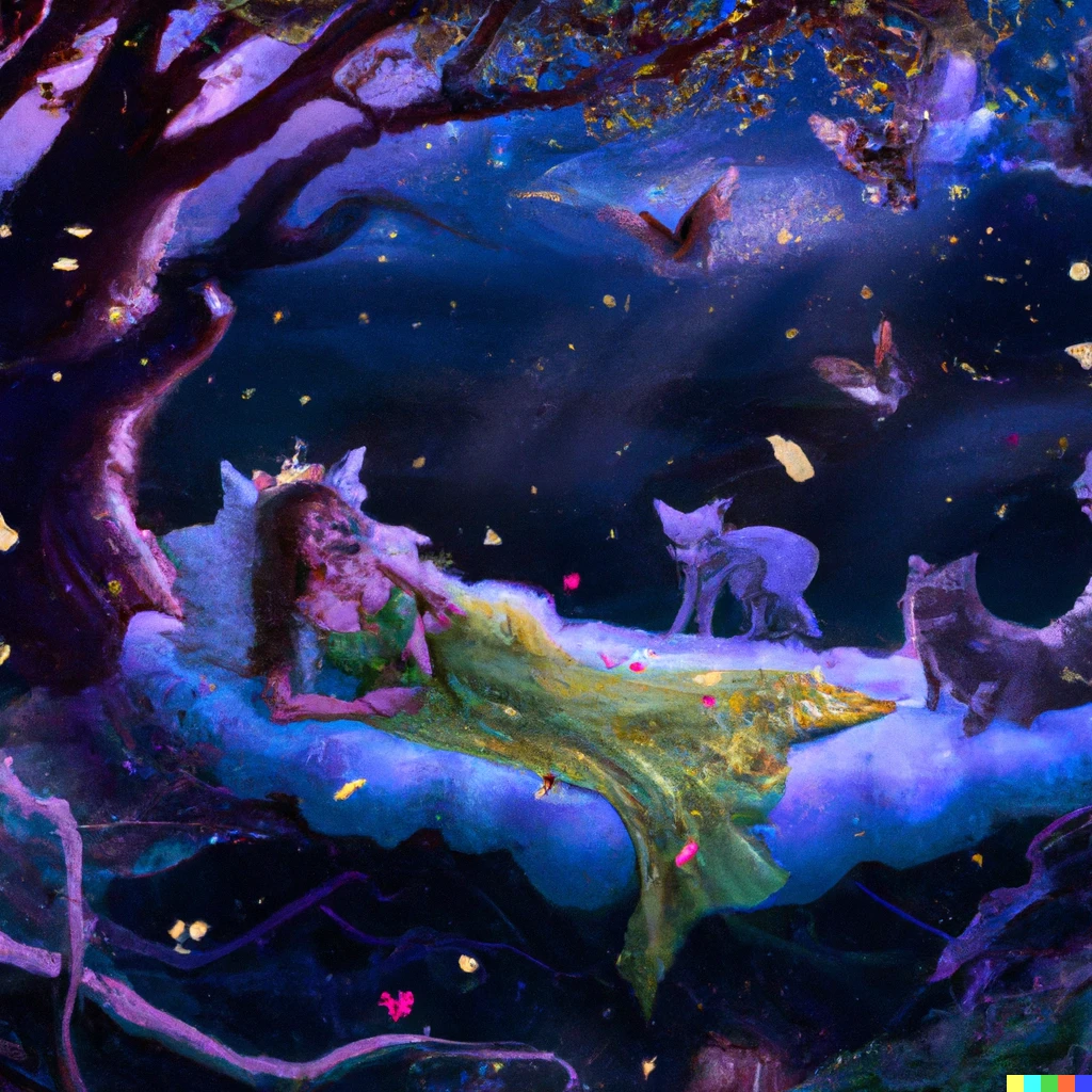 Prompt: a beautiful princess laying on magical forest with animals under starry sky, digital art