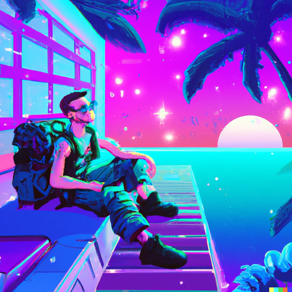 Prompt: an army with bagpack lounging in a tropical resort in space, vaporwave
