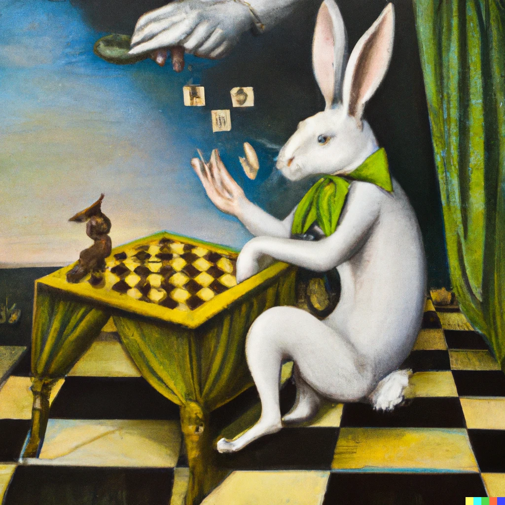 Prompt: a surrealist dream-like oil painting by Salvador Dalí of a rabbit playing checkers
