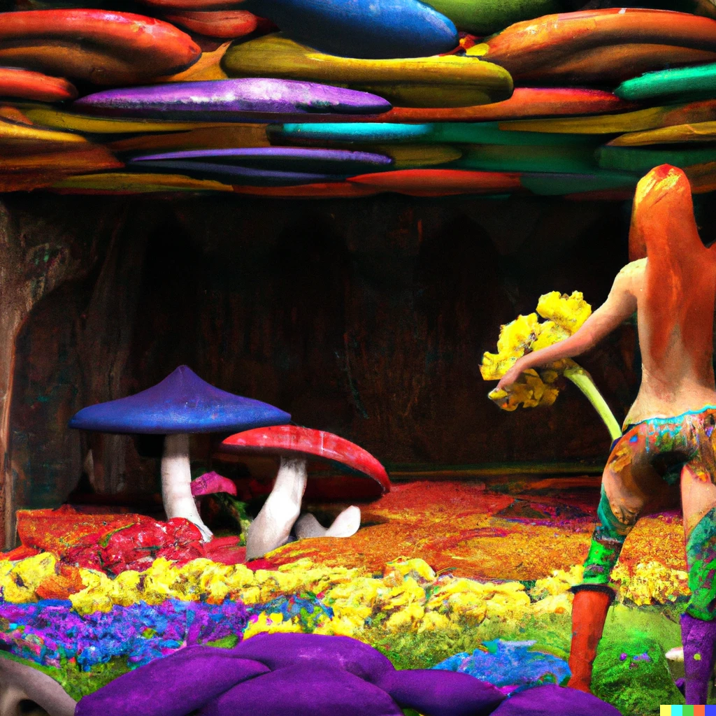 Prompt: 3D render of a magical centaur in a colorful room full of mushroom