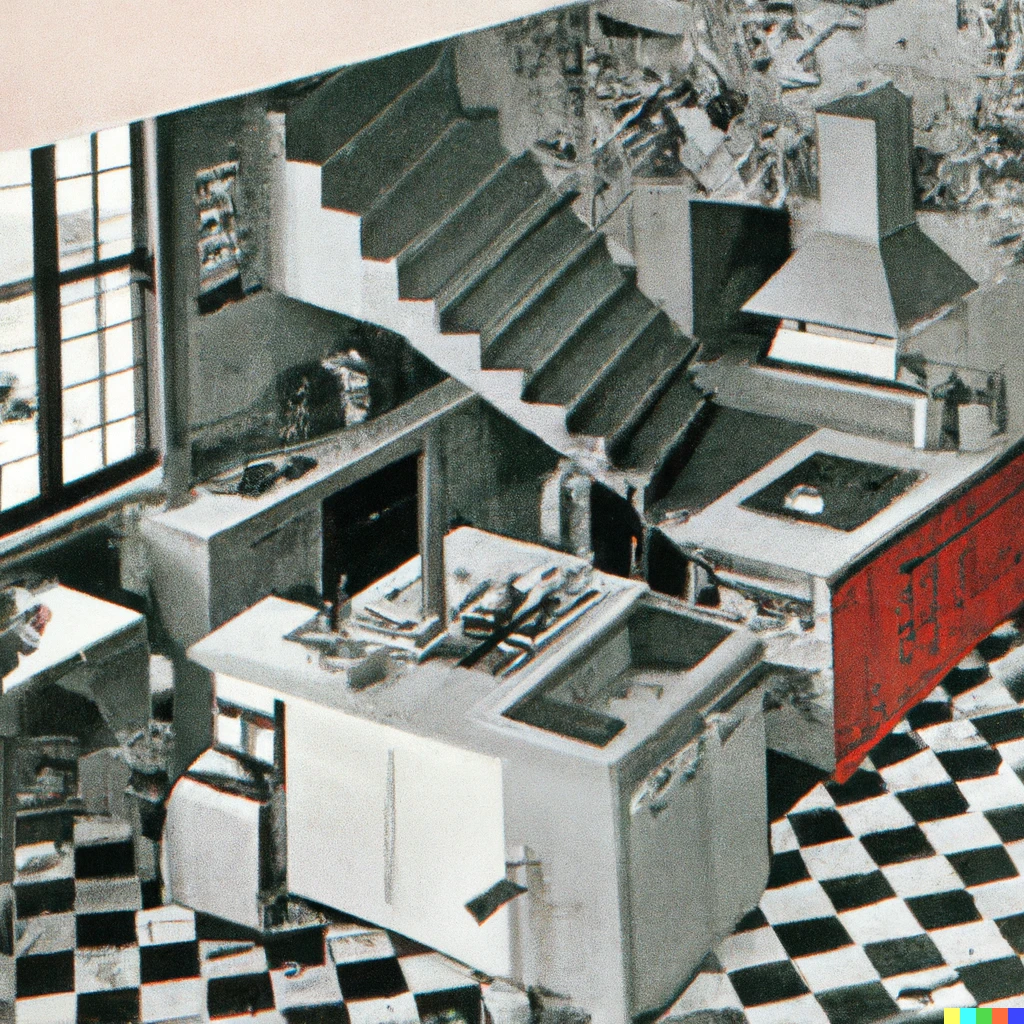 Prompt: A photograph of the kitchen of a house designed by MC Escher appearing in the magazine Dwell.