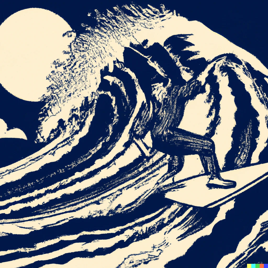 Prompt: A surfer riding Hokusai's Great Wave off Kanagawa in the style of a woodblock print.