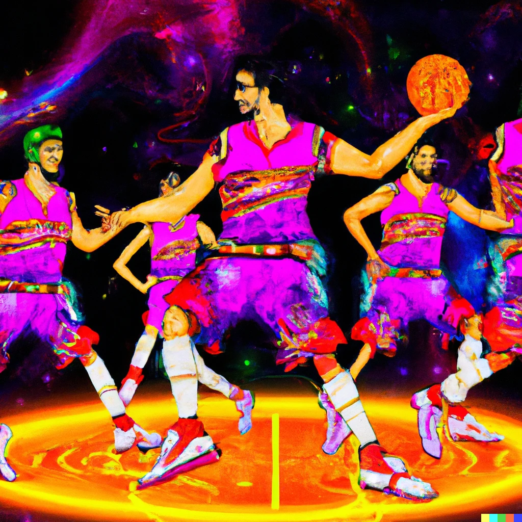 Prompt: A basketball game with players wearing uniforms in the style of bollywood dancers. digital art.