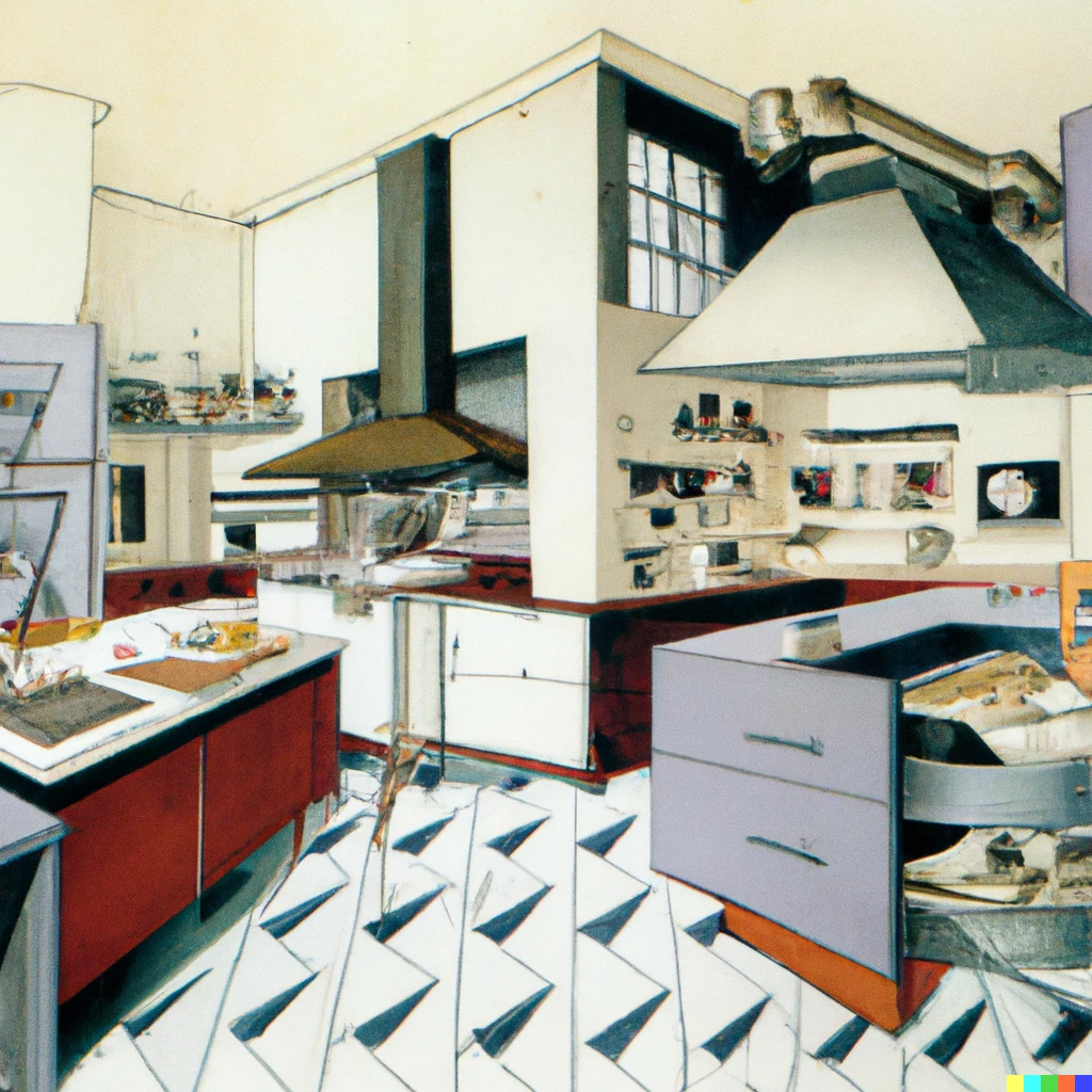 Prompt: Architectural photographs of a kitchen designed by MC Escher appearing in the magazine Dwell