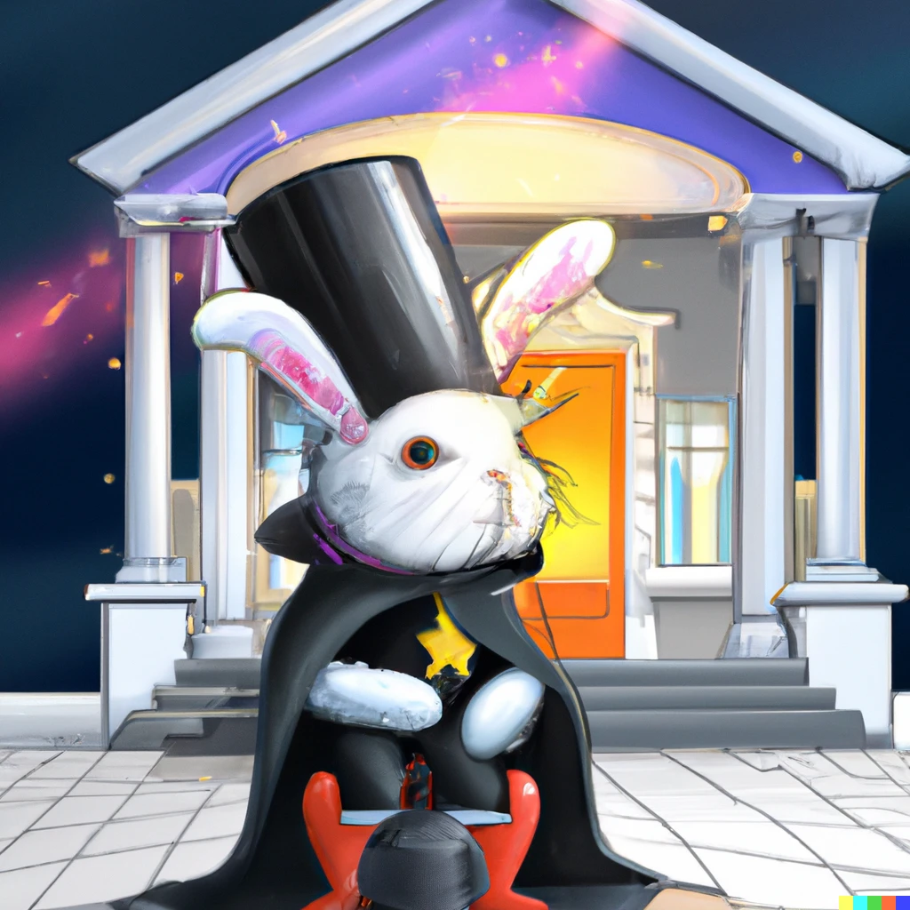 Prompt: Rabbit magician sitting in front of the Whitehouse with a space helmet on 