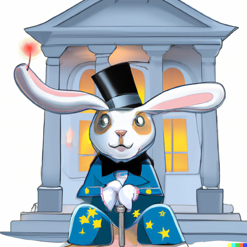 Prompt: Rabbit magician sitting in front of the Whitehouse with a space helmet on 