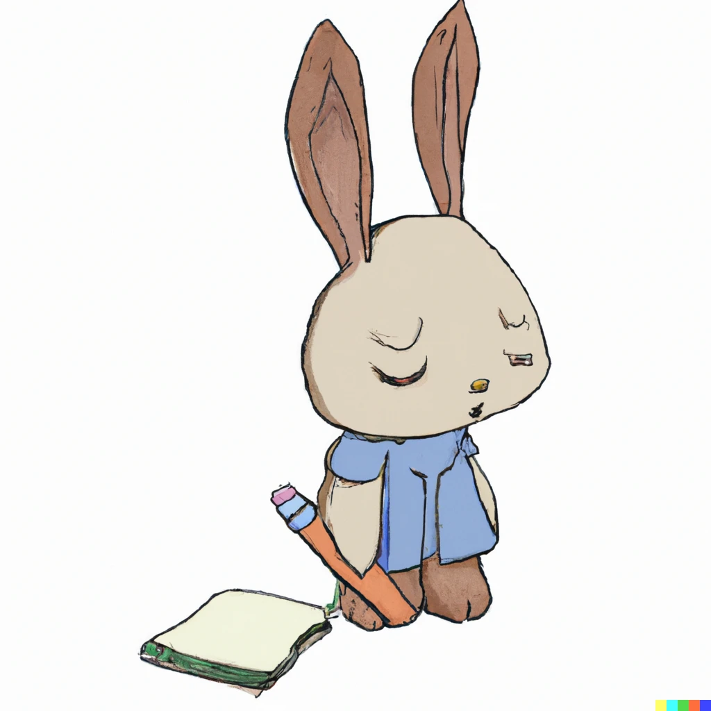 Prompt: Floppy eared rabbit with a notebook and pencil 