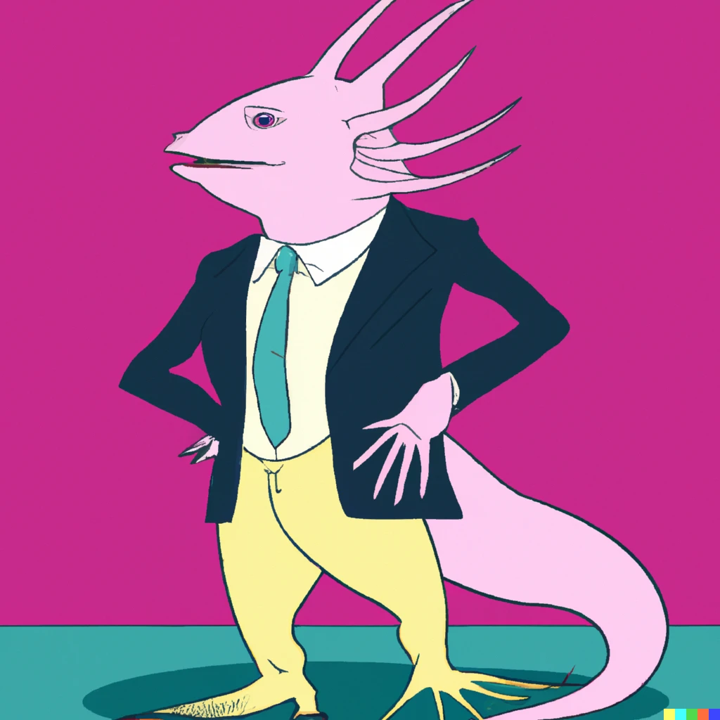 Prompt: full shot of an axolotl wearing business clothing in pop art style