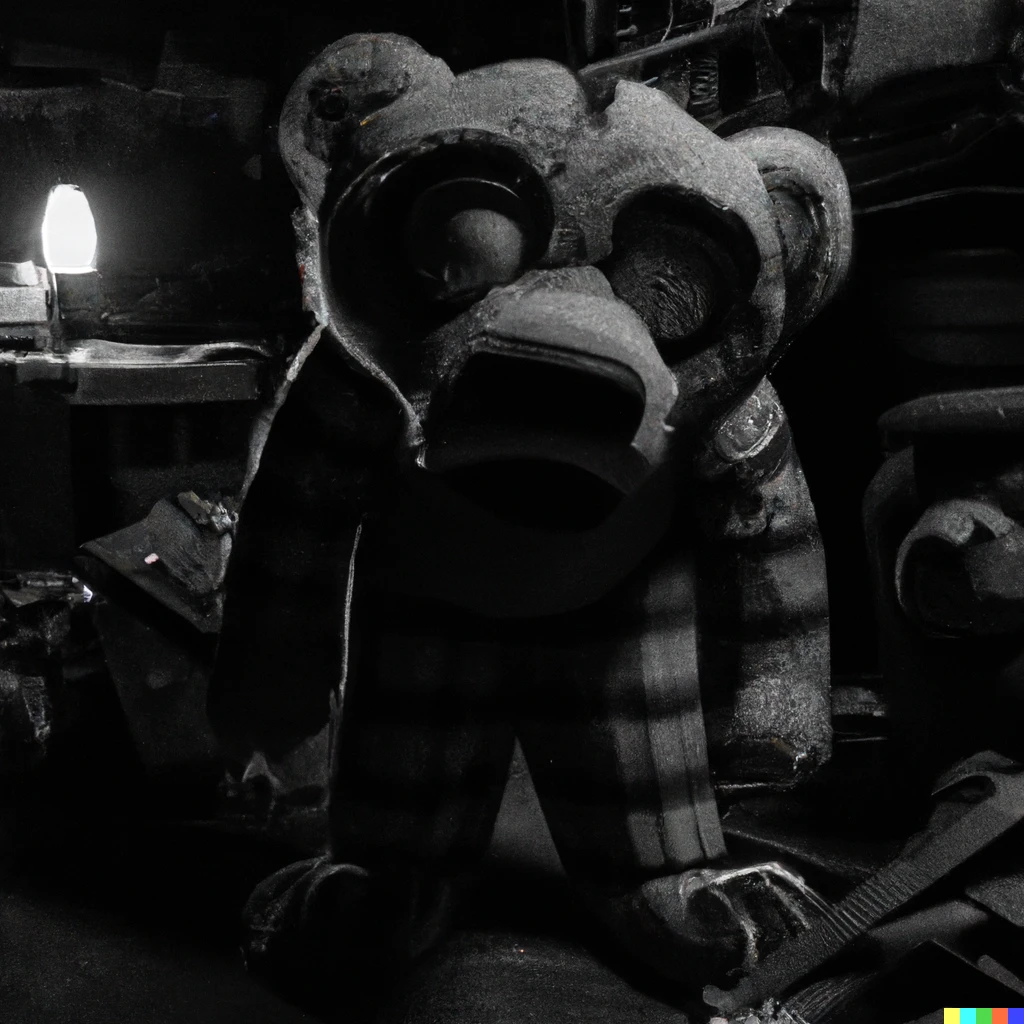 Prompt: Black and white eerie photo of Freddy fazbear in a messy garage, 4k, digital art