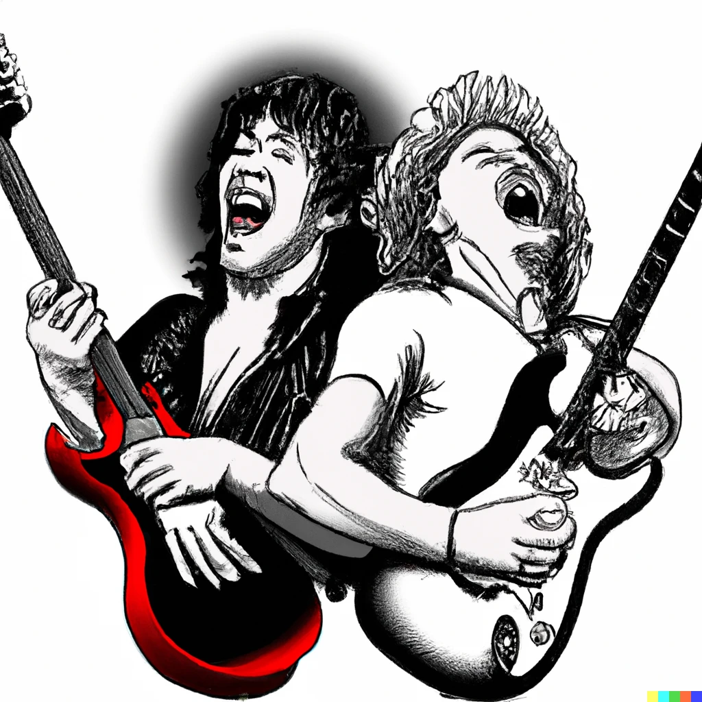 Prompt: A drawing of Brian may and Eddie van halen playing guitar back to back