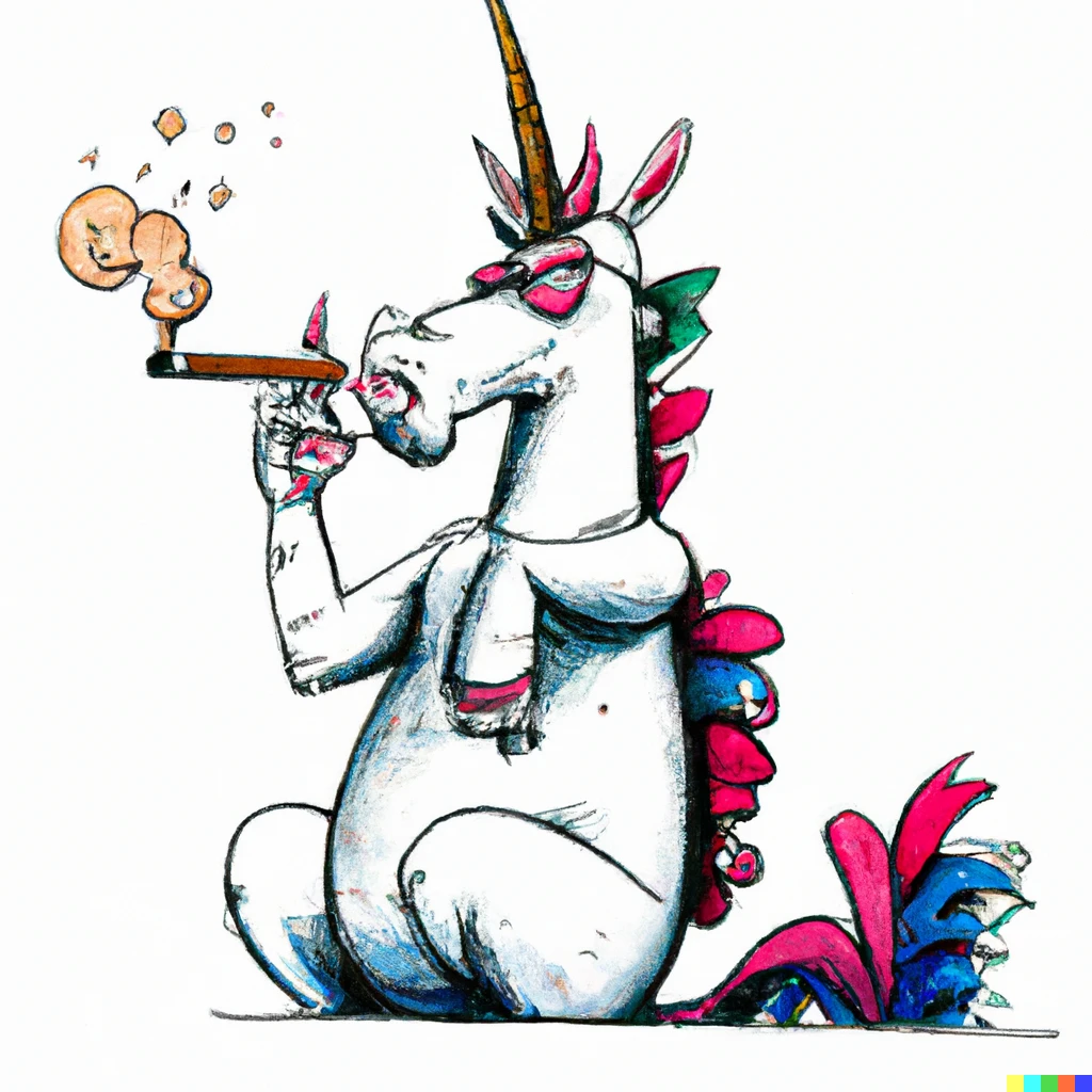Prompt: unicorn, smoking a cigar in the style of Ralph Stedman