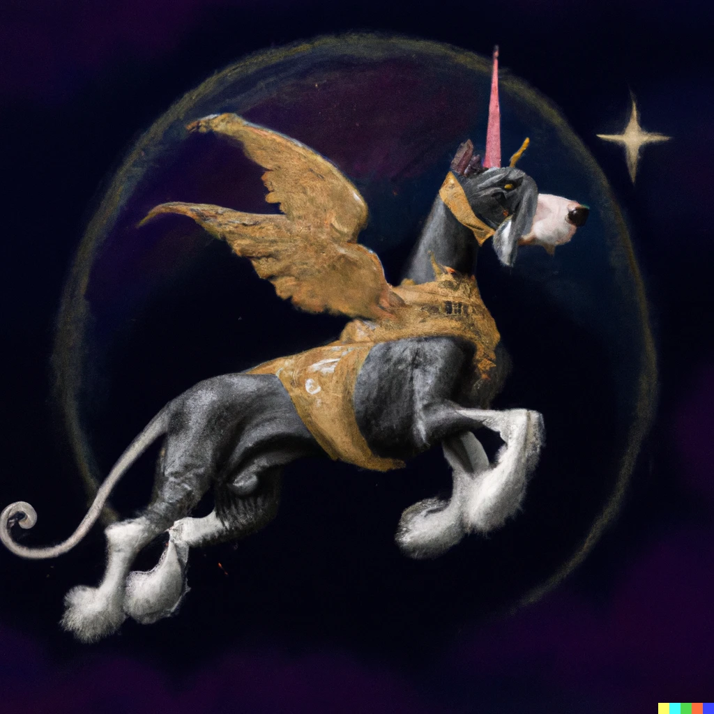 Prompt: a great dane unicorn flying across the moon in renaissance style