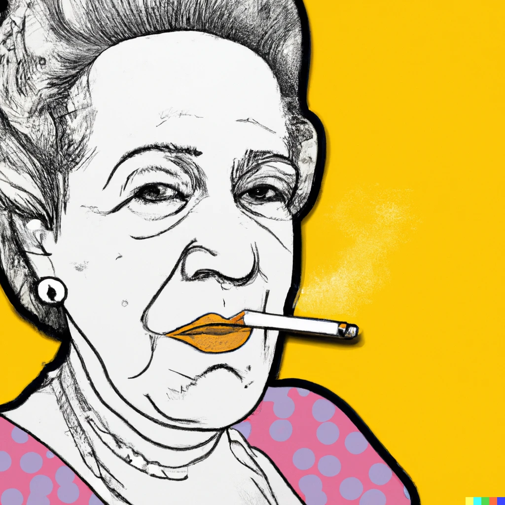 Prompt: Pop art, Old woman with a cigarette coming out of her mouth.