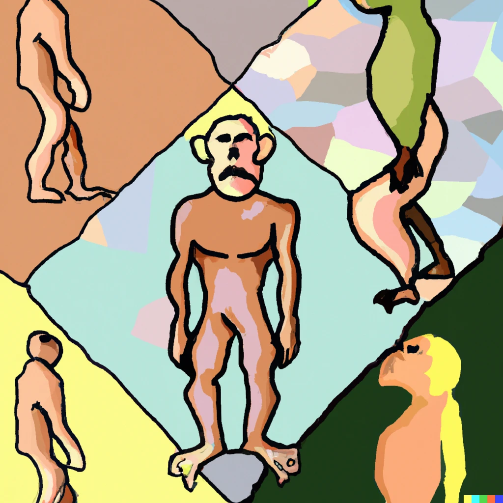 Prompt: Human evolution, from ape to man, cubism.