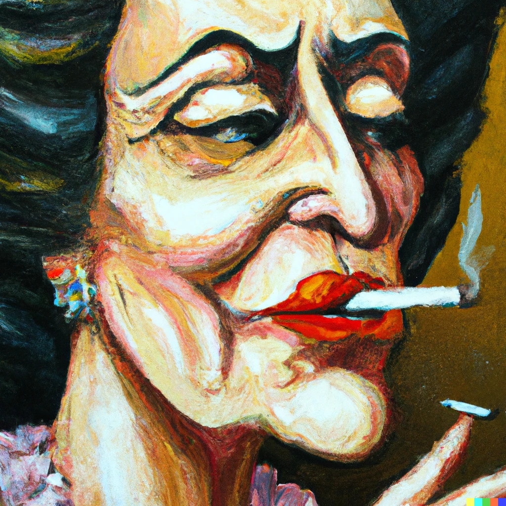 Prompt: Old woman with a cigarette coming out of her mouth. Pop culture and oil painting thingy