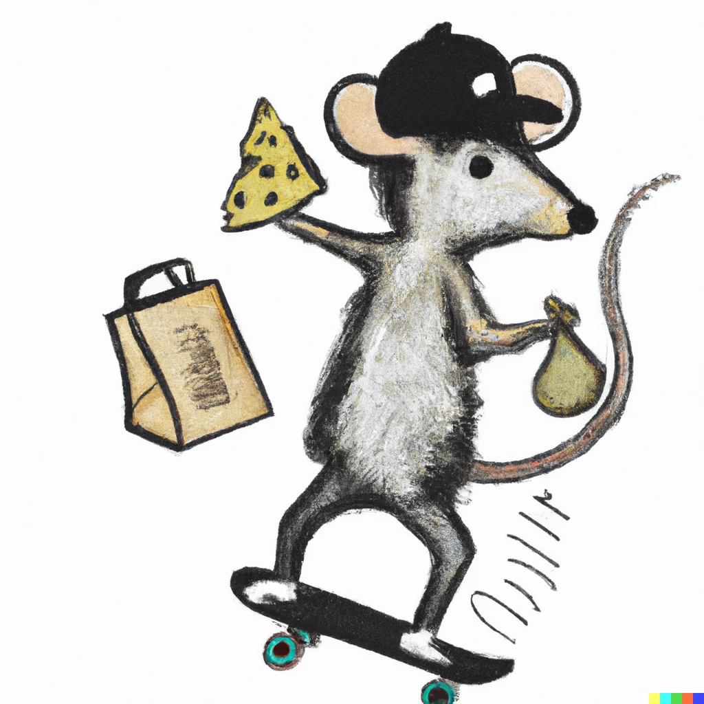 Prompt: Graffiti Banksy style rat with mushroom hair, skateboarding whilst holding a bag of stolen cheese.