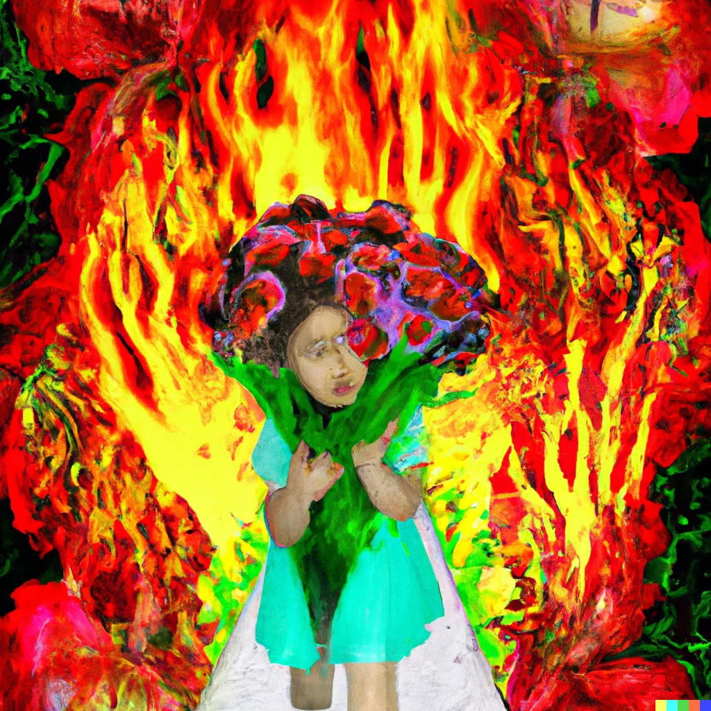 Prompt: Abstract realism, cute nine year old girl discovering hell, whilst holding flowers.