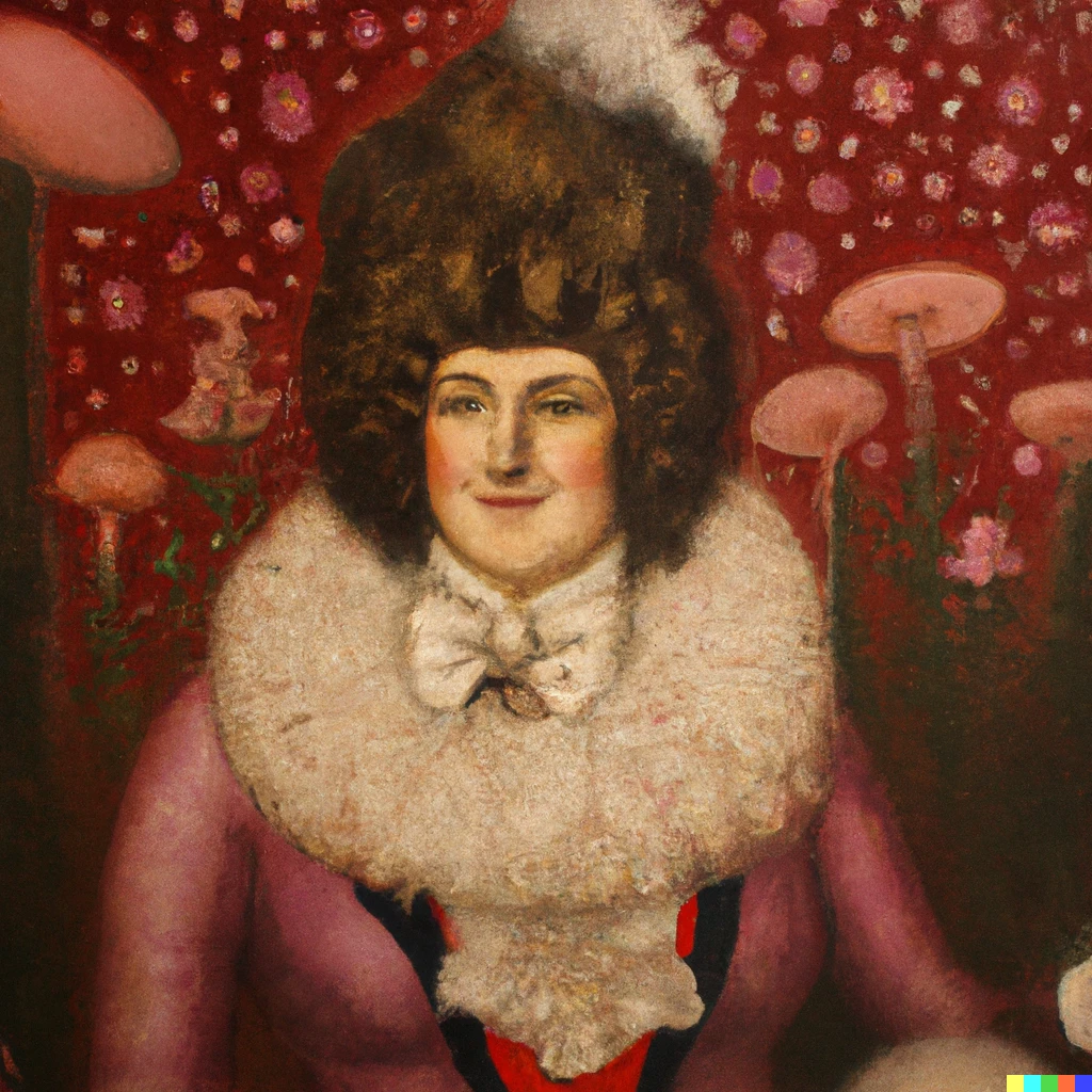 Prompt: Oil painting of an Edwardian aristocrat with mushroom hair celebrating.