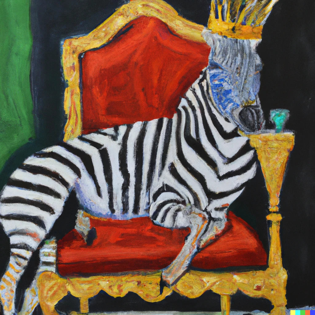 Prompt: Oil painting of a drunk zebra sitting on throne, wearing a crown.