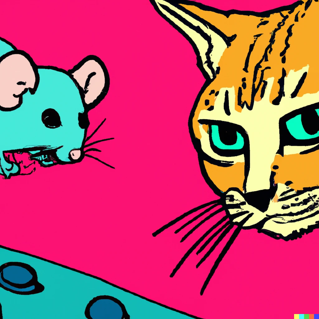 Prompt: Pop art, angry cat stares at happy mouse.